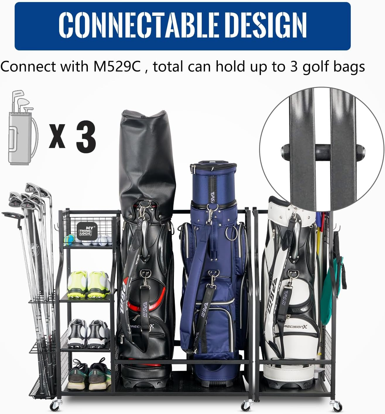 Ultimate Golf Storage Organizer: Dual Bag Rack with Extra Shelves and Hooks for All Your Golfing Gear