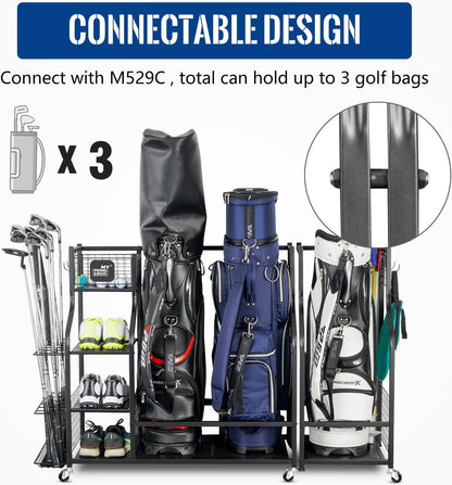 Ultimate Golf Storage Organizer: Dual Bag Rack with Extra Shelves and Hooks for All Your Golfing Gear