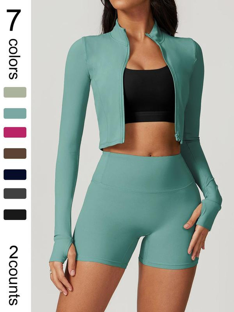 Elevate Your Workout with the Women's High Elastic Soft Neck Zipper Jacket and Beautiful Buttocks Shorts Yoga Suit Set - Perfect for Running, Cycling, and Outdoor Adventures!