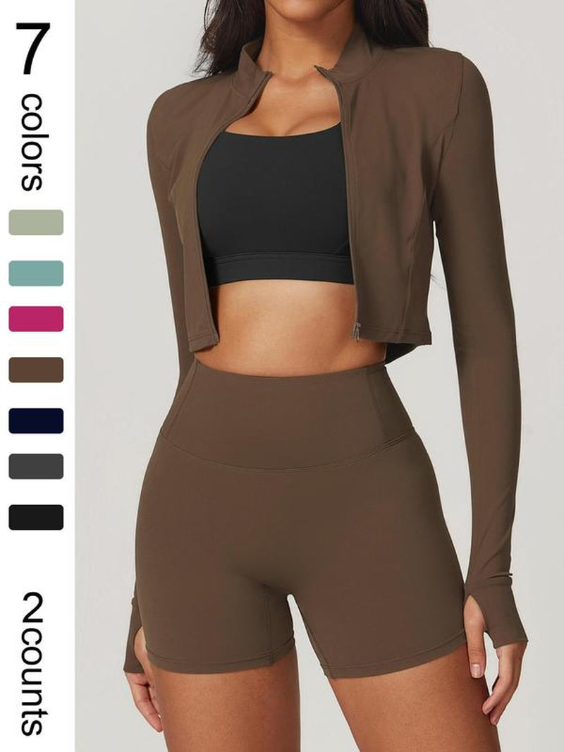 Elevate Your Workout with the Women's High Elastic Soft Neck Zipper Jacket and Beautiful Buttocks Shorts Yoga Suit Set - Perfect for Running, Cycling, and Outdoor Adventures!
