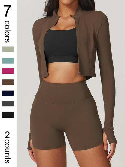 Elevate Your Workout with the Women's High Elastic Soft Neck Zipper Jacket and Beautiful Buttocks Shorts Yoga Suit Set - Perfect for Running, Cycling, and Outdoor Adventures!