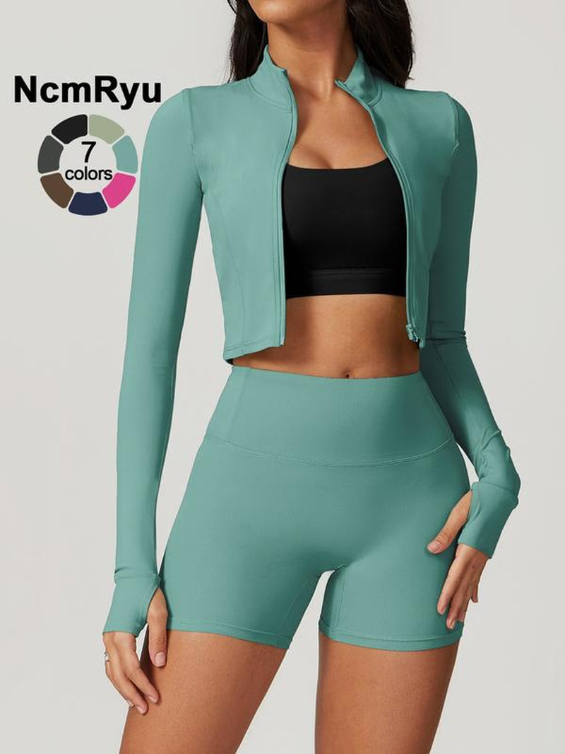 Elevate Your Workout with the Women's High Elastic Soft Neck Zipper Jacket and Beautiful Buttocks Shorts Yoga Suit Set - Perfect for Running, Cycling, and Outdoor Adventures!