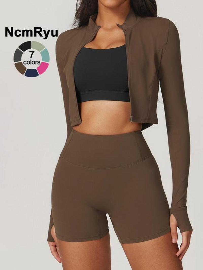 Elevate Your Workout with the Women's High Elastic Soft Neck Zipper Jacket and Beautiful Buttocks Shorts Yoga Suit Set - Perfect for Running, Cycling, and Outdoor Adventures!