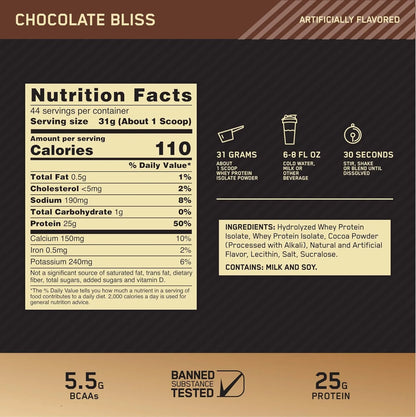 Optimum Nutrition Gold Standard 100% Isolate Protein Powder - Chocolate Bliss Flavor, 3 lbs of Pure Whey Protein with 44 Servings for Optimal Fitness