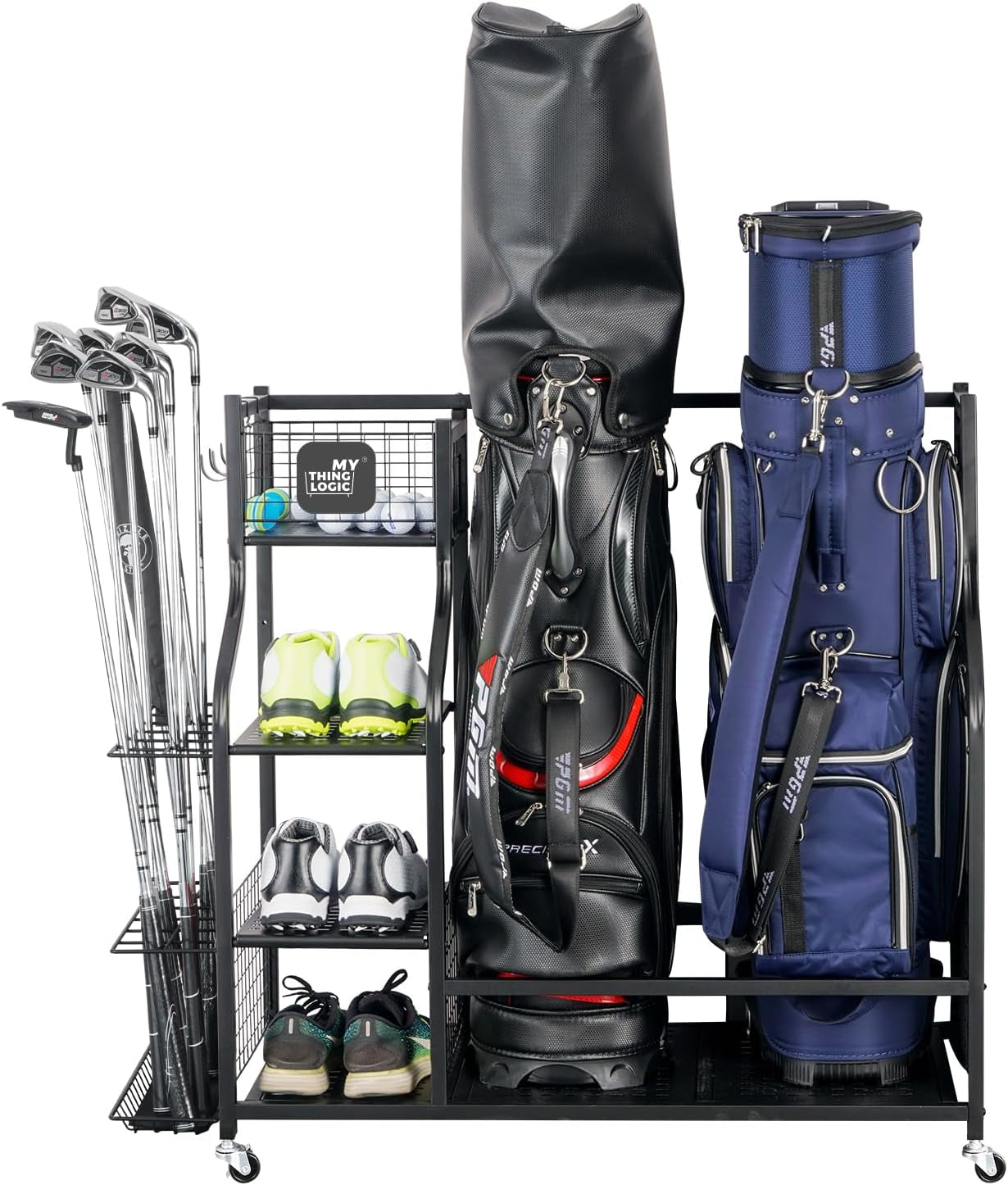 Ultimate Golf Storage Organizer: Dual Bag Rack with Extra Shelves and Hooks for All Your Golfing Gear
