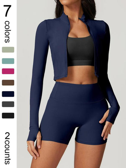 Elevate Your Workout with the Women's High Elastic Soft Neck Zipper Jacket and Beautiful Buttocks Shorts Yoga Suit Set - Perfect for Running, Cycling, and Outdoor Adventures!