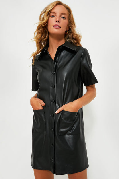 Chic Black Leather Violetta Shirt Dress for Effortless Style