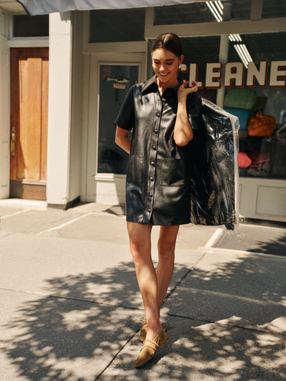 Chic Black Leather Violetta Shirt Dress for Effortless Style