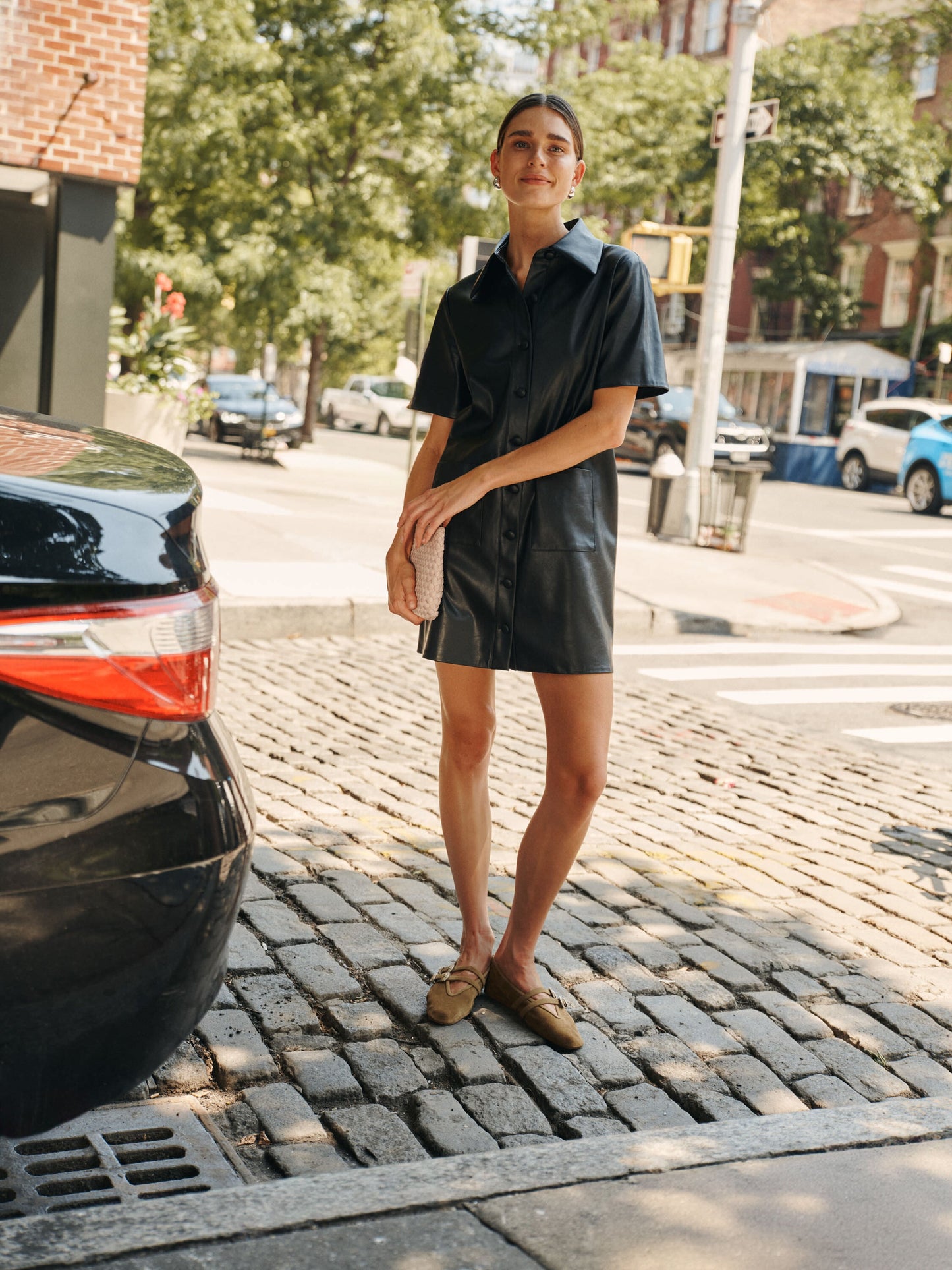 Chic Black Leather Violetta Shirt Dress for Effortless Style