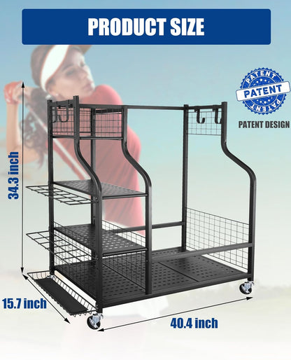 Ultimate Golf Storage Organizer: Dual Bag Rack with Extra Shelves and Hooks for All Your Golfing Gear
