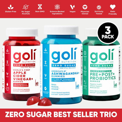 Discover the Ultimate Zero Sugar Best Seller Trio: The World's First 3-In-1 Apple Cider Vinegar Gummies with Ashwagandha, Vitamin B12, and Probiotics for Bloating Relief – Vegan, Gluten-Free, and Non-GMO!