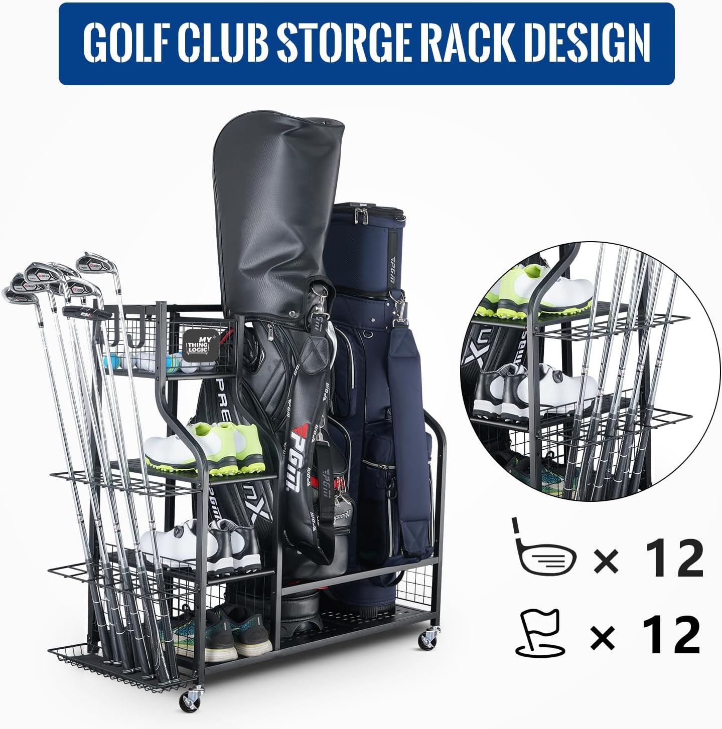 Ultimate Golf Storage Organizer: Dual Bag Rack with Extra Shelves and Hooks for All Your Golfing Gear