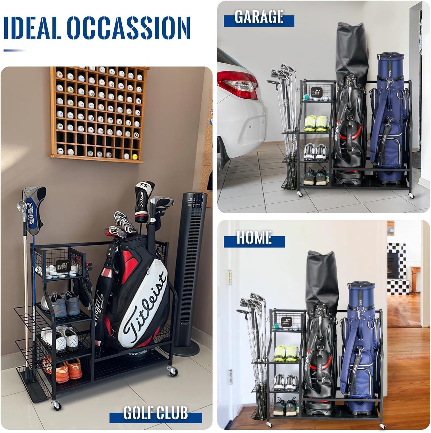 Ultimate Golf Storage Organizer: Dual Bag Rack with Extra Shelves and Hooks for All Your Golfing Gear