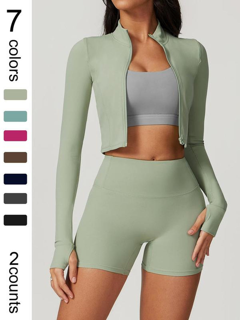 Elevate Your Workout with the Women's High Elastic Soft Neck Zipper Jacket and Beautiful Buttocks Shorts Yoga Suit Set - Perfect for Running, Cycling, and Outdoor Adventures!