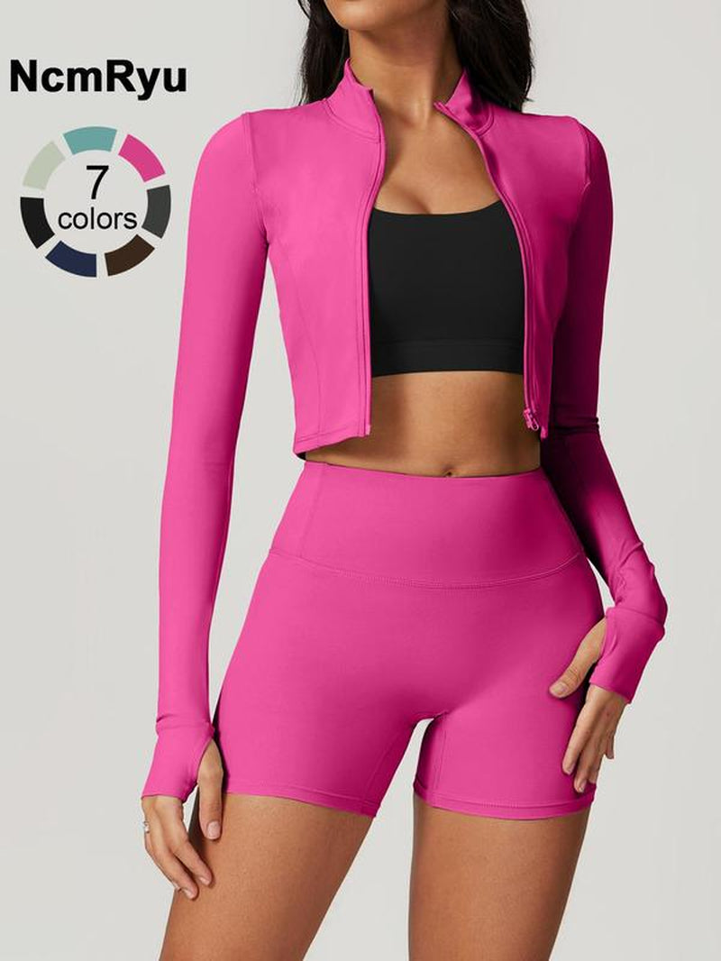 Elevate Your Workout with the Women's High Elastic Soft Neck Zipper Jacket and Beautiful Buttocks Shorts Yoga Suit Set - Perfect for Running, Cycling, and Outdoor Adventures!