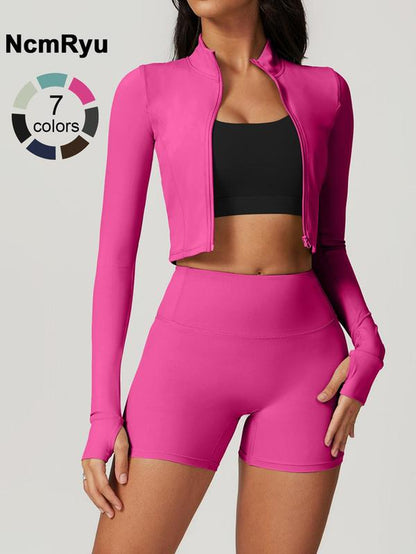 Elevate Your Workout with the Women's High Elastic Soft Neck Zipper Jacket and Beautiful Buttocks Shorts Yoga Suit Set - Perfect for Running, Cycling, and Outdoor Adventures!