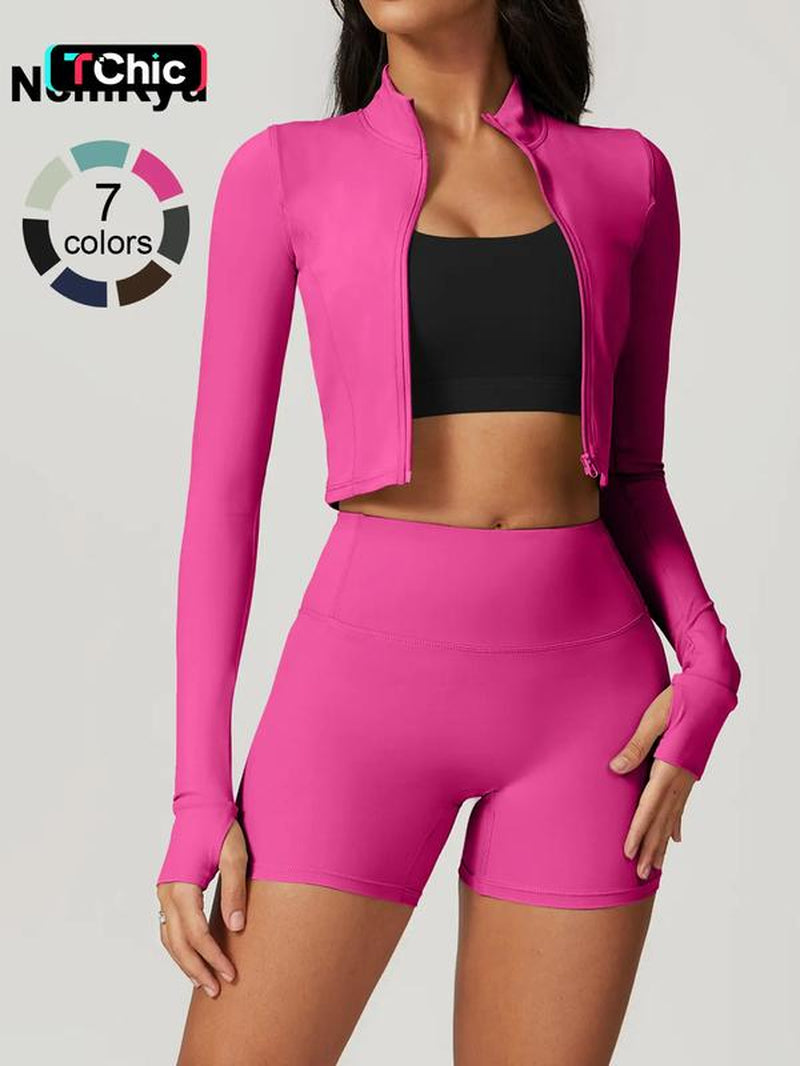 Elevate Your Workout with the Women's High Elastic Soft Neck Zipper Jacket and Beautiful Buttocks Shorts Yoga Suit Set - Perfect for Running, Cycling, and Outdoor Adventures!