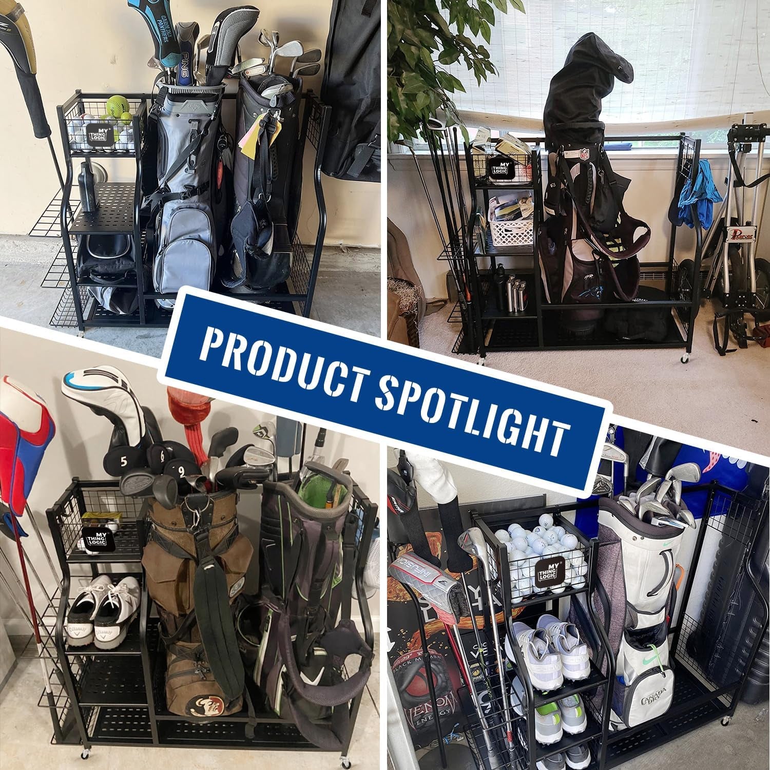 Ultimate Golf Storage Organizer: Dual Bag Rack with Extra Shelves and Hooks for All Your Golfing Gear