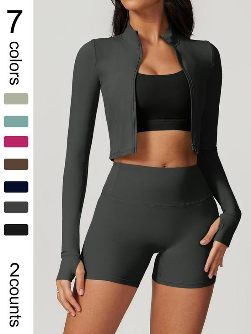 Elevate Your Workout with the Women's High Elastic Soft Neck Zipper Jacket and Beautiful Buttocks Shorts Yoga Suit Set - Perfect for Running, Cycling, and Outdoor Adventures!
