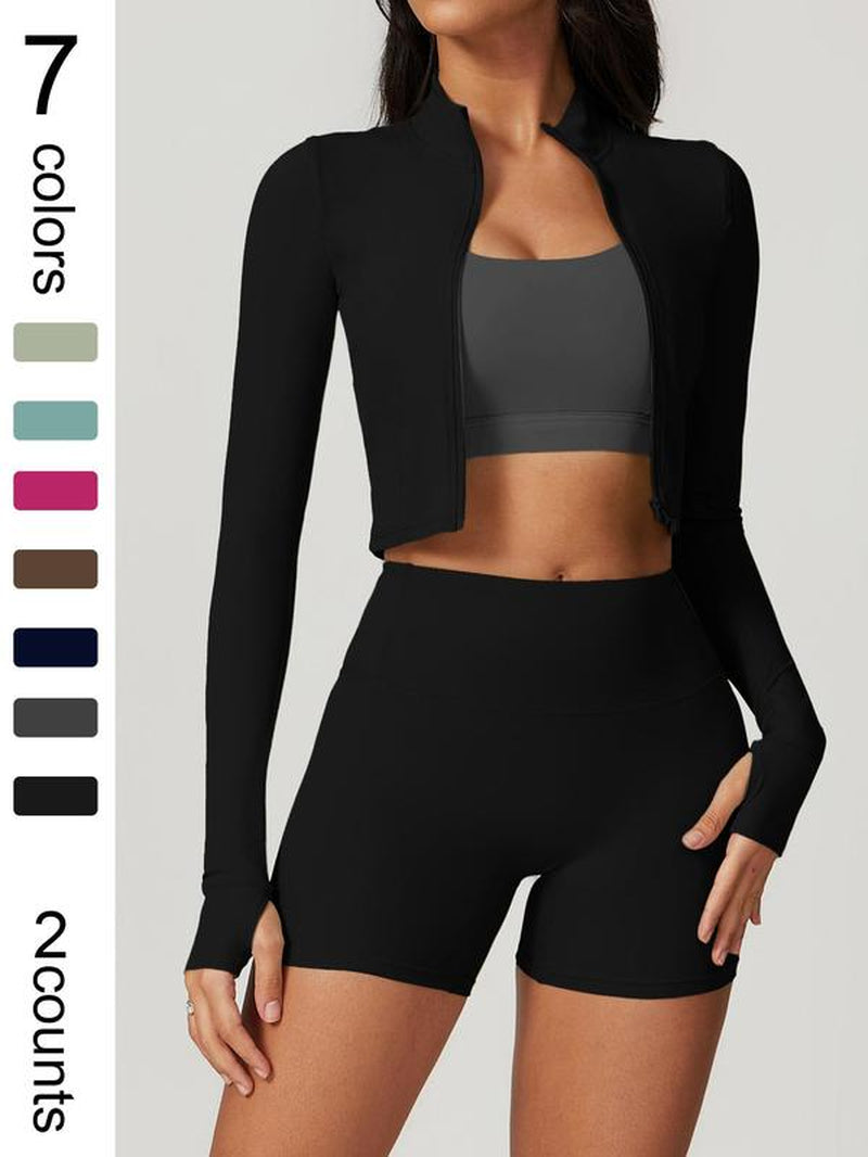 Elevate Your Workout with the Women's High Elastic Soft Neck Zipper Jacket and Beautiful Buttocks Shorts Yoga Suit Set - Perfect for Running, Cycling, and Outdoor Adventures!